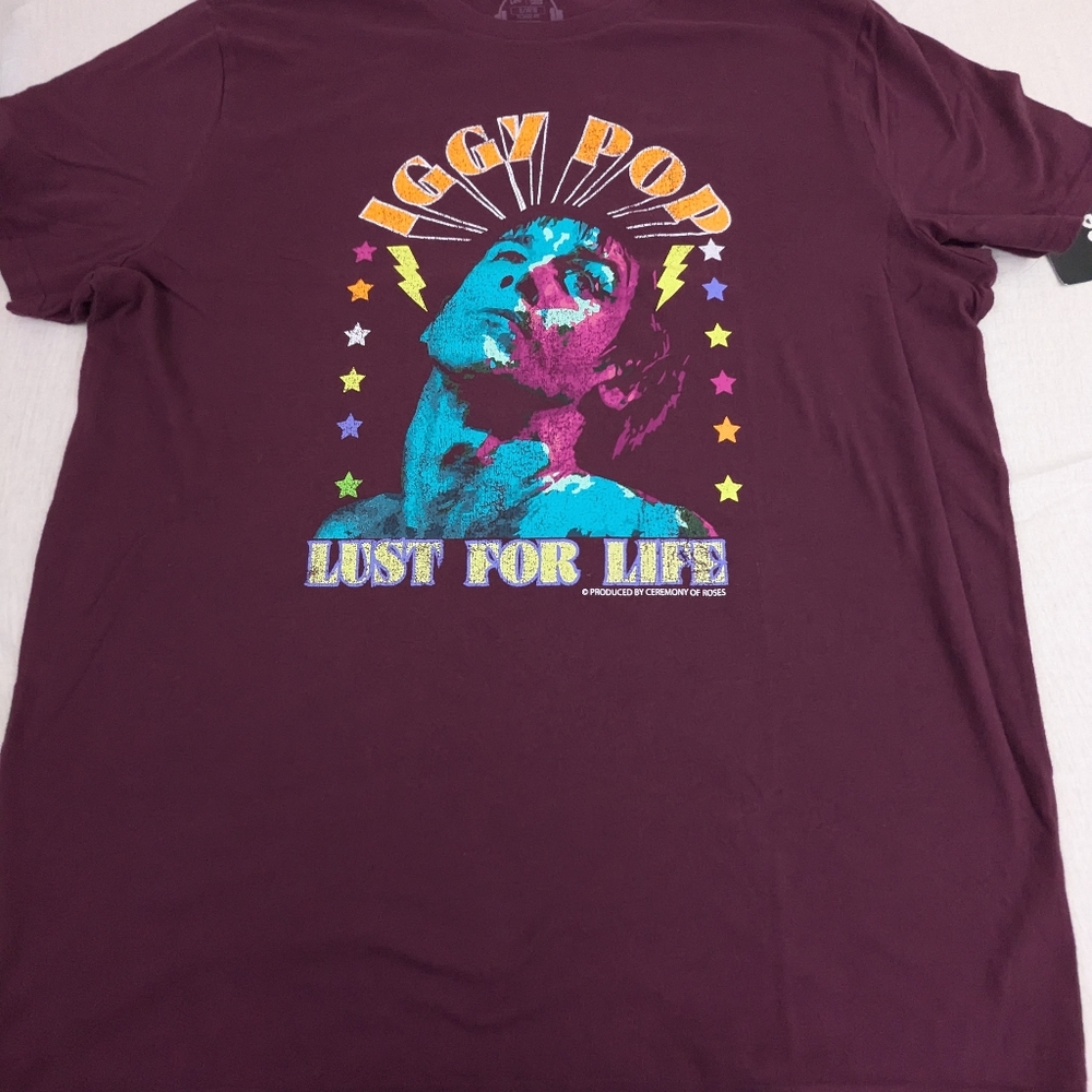 Iggy Pop Lust for Life Purple Tee Shirt with Multicolired Graphic of Singer XL
